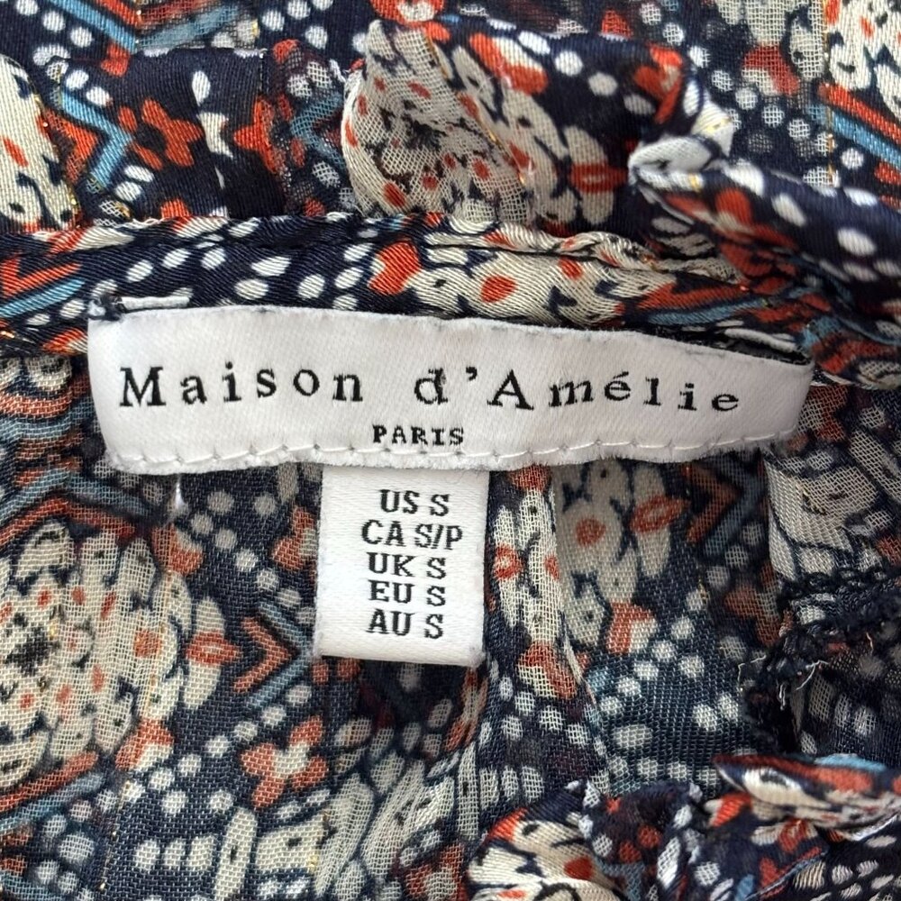 Maison d'Amelie High Collar‎ Long Sleeve Blouse - Royal/Orange/White - Size S - Picture 10 of 12